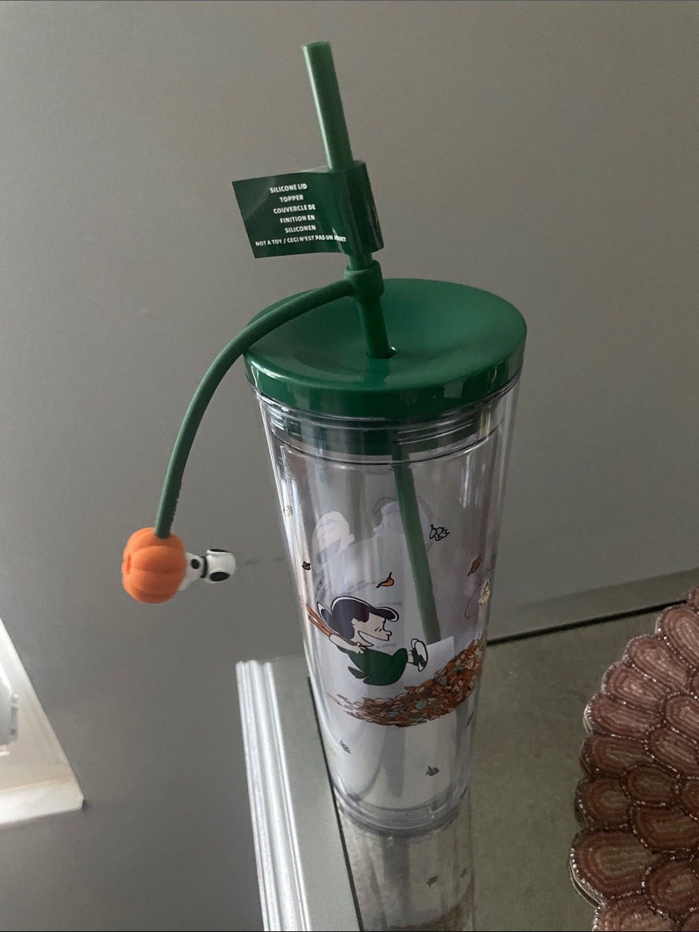 Clear Double-Wall Tumbler with Green Lid and Pumpkin Charm